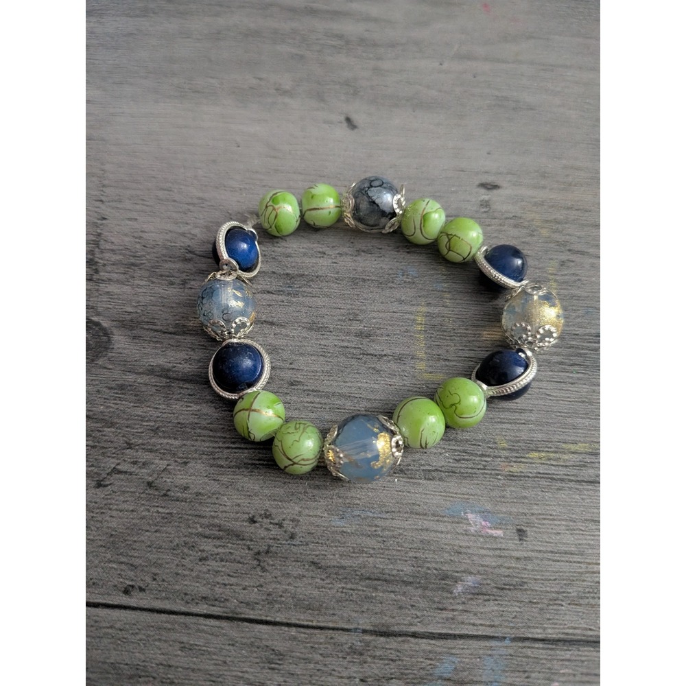 Handmade Beaded Stretch Bracelet Green Blue Gold Fleck Silver Tone Filigree Boho
